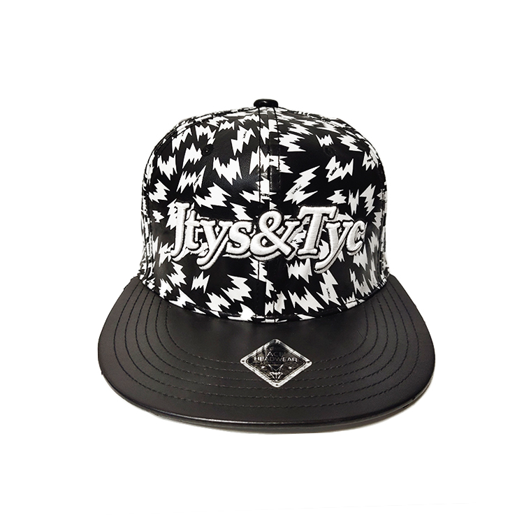 Unisex Custom White 3D Embroidery 6 Panels Pu Leather Flat Brim Hats Sport Urban Street Cap