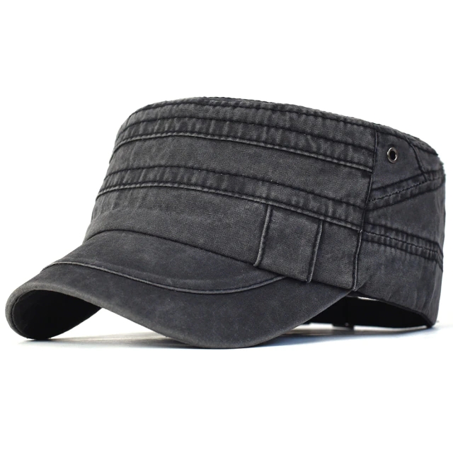 Casual Washed Cotton Flat Top Hat Adjustable Military Caps Men Women Cadet Army Cap Unique Design
