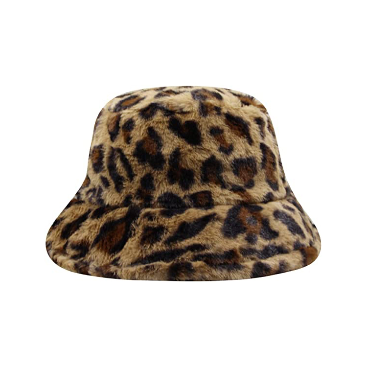 Women Leopard Print Faux Fur Bucket Hat Fluffy Plush Winter Warm Fisherman Cap bucket Hat for Teens Girls