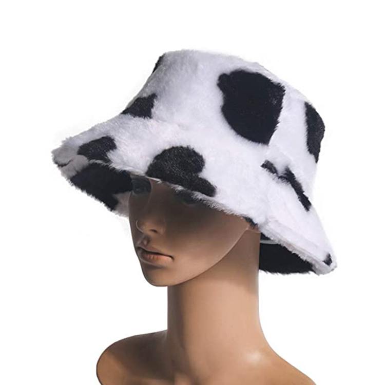 Winter Plush Bucket Hat for Women cow Print Fuzzy Bucket Caps Casual Warm Faux Fur Fisherman Hats