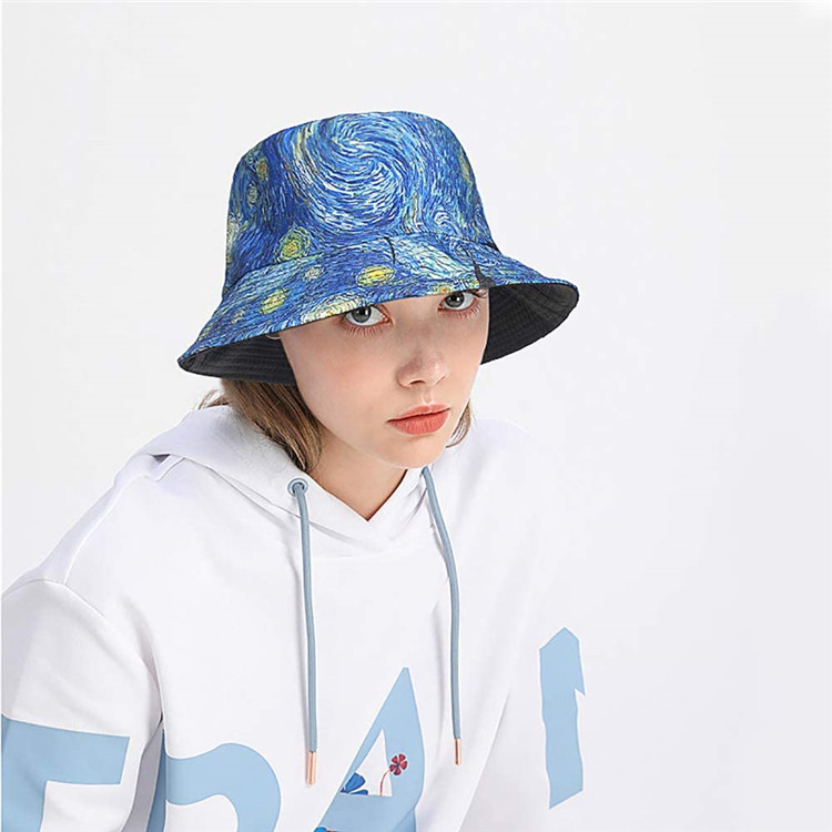 2 Pieces Printing Bucket Hat Reversible Double Sides Wear Summer Travel Beach Sun Hat Outdoor Hat for Women and Men Black