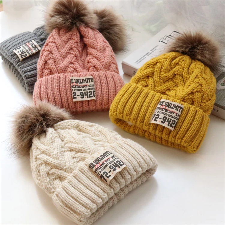 Hot Fashion Brand Children's Pompon Knit Beanie Hat Autumn Winter Cute Soft Cap Boy Girl Beanies Thicken Slouchy Faux Fur Kids