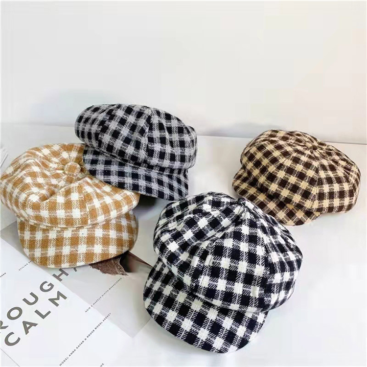 Winter Plaid Berets Caps For Men Warm Wool Thicken Newsboy Cap For Women Vintage Octagonal Detective Painter Hats Retro Flat Cap