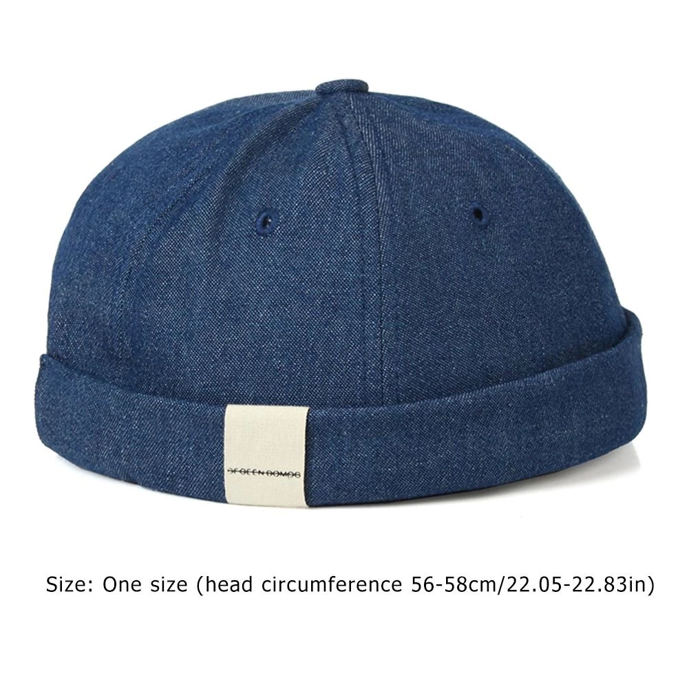 Unisex Visor-Less Cap Cotton Denim Brimless Docker Cap Rolled Cuff Harbour Hat Summer Baseball Cap